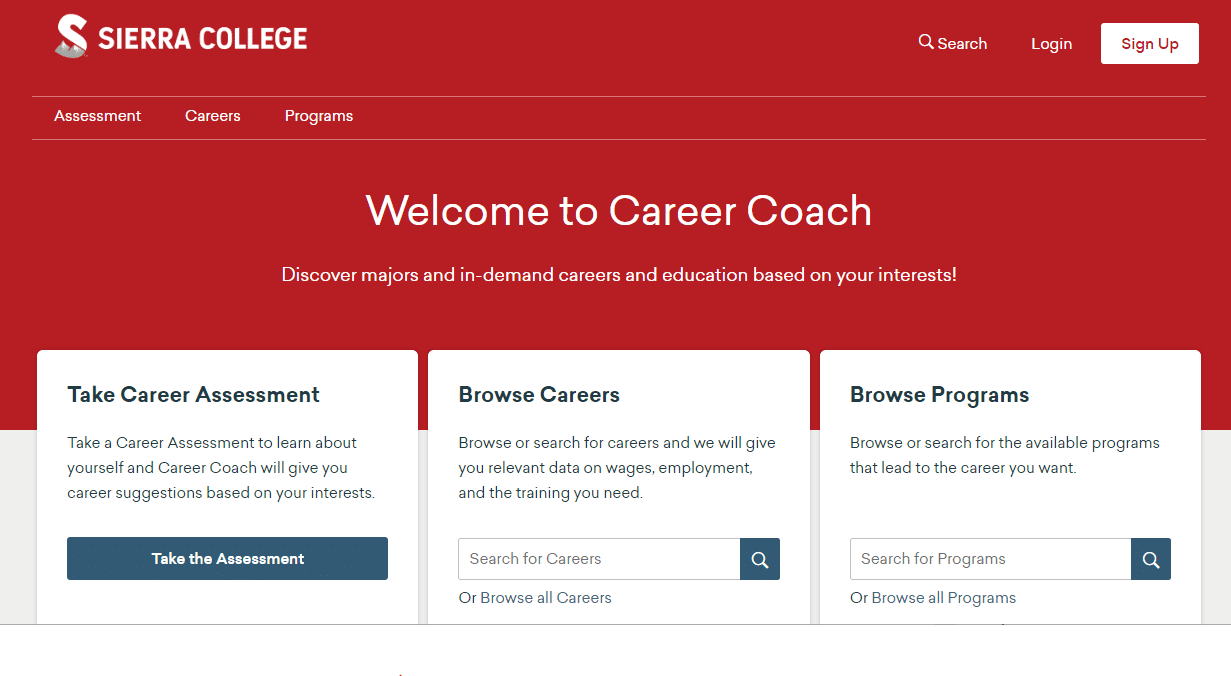 Homepage of Sierra College Career Coach